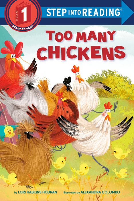 "TOO MANY CHICKENS" oben in großer roter Schrift. Darunter bunte, lebhafte Hühner und Küken auf einer Wiese.