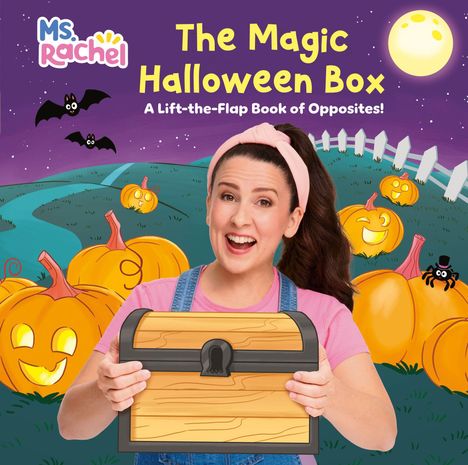 „The Magic Halloween Box“, „A Lift-the-Flap Book of Opposites!“. Frau mit Schatztruhe, Kürbisse, Fledermäuse, hellen Mond.