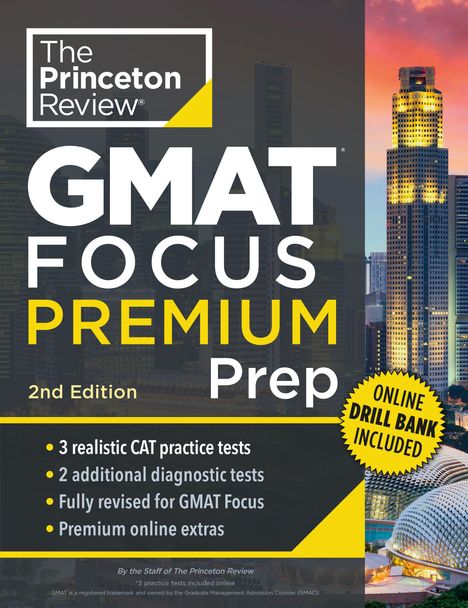 "The Princeton Review - GMAT Focus Premium Prep, 2nd Edition. Enthält realistische Tests und Online-Extras. Skyline im Hintergrund."