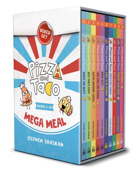 "Pizza and Taco: Books 1-10, Boxed Set, Mega Meal. Bunte Buchrücken mit Zahlen 1-10. Cartoon-Häppchen mit Gesichtern."
