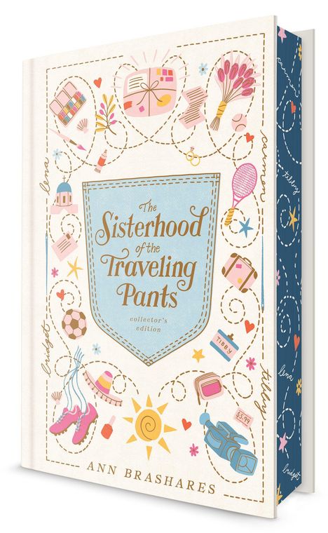 "The Sisterhood of the Traveling Pants," Umrandet von Illustrationen: Blumen, Fußball, Kamera, Flugzeug. Autor: Ann Brashares.