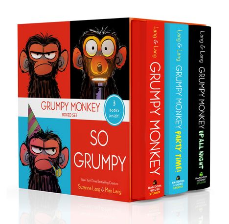 "Grumpy Monkey", Box-Set mit 3 Büchern von "Suzanne Lang & Max Lang". Illustrationen eines schlecht gelaunten Affen.