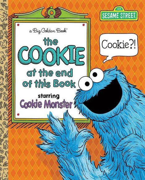 Text: "the COOKIE at the end of this Book starring Cookie Monster." Illustration: Der blaue Krümelmonster fröhlich winkend.