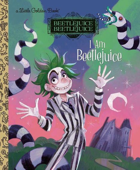 Text: "I Am Beetlejuice."

Illustration: Eine Figur mit grünem Haar und gestreiftem Anzug, umgeben von violetten und grünen Wirbeln. Ein schlangenartiges Wesen ist ebenfalls zu sehen.