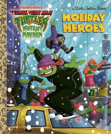 Text: "Teenage Mutant Ninja Turtles: Mutant Mayhem - Holiday Heroes". Illustrierte Schildkröten im Schnee, Stadt und Taxi.
