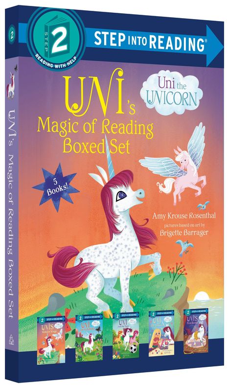 "Step into Reading: Uni's Magic of Reading Boxed Set. Uni the Unicorn. Illustration eines Einhorns vor Sonnenuntergang."