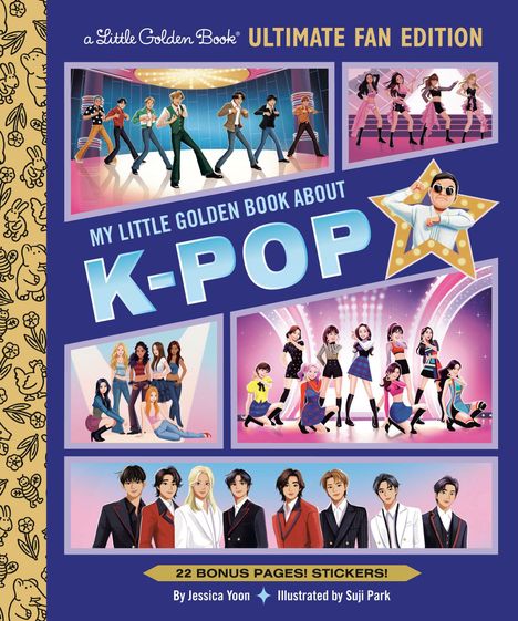 "ULTIMATE FAN EDITION, MY LITTLE GOLDEN BOOK ABOUT K-POP. Illustration mehrerer K-Pop-Gruppen und tanzende Figuren."