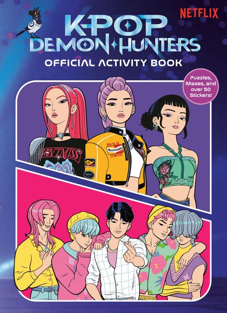 "K-POP DEMON HUNTERS OFFICIAL ACTIVITY BOOK" und "Puzzles, Mazes, and over 50 Stickers!". Illustration mit farbenfrohen Figuren.