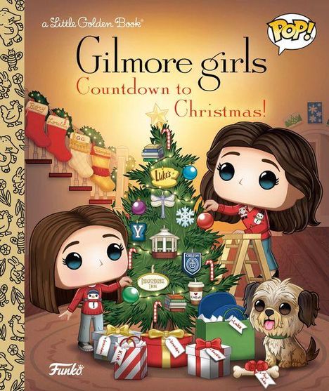 „Gilmore girls Countdown to Christmas!“ Zwei figurenhafte Charaktere schmücken einen Weihnachtsbaum, ein Hund sitzt daneben.