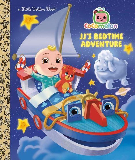 Text: "JJ's Bedtime Adventure". Ein fröhliches Kind auf einem Boot im Nachthimmel mit Plüschtier, Schaf und Sternen.