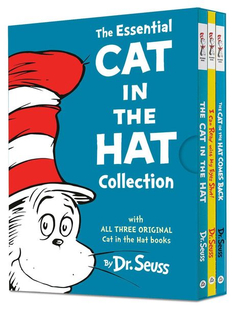"The Essential Cat in the Hat Collection" mit Zeichnung einer Katze mit rot-weißem Hut. Drei Bücher im Set von Dr. Seuss.