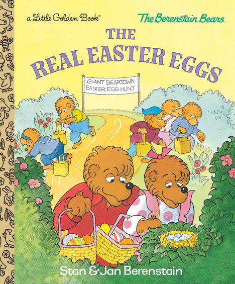 Text: "The Berenstain Bears," "The Real Easter Eggs." 

Illustration: Bärenfamilie sammelt Ostereier; fröhliche Szene mit Körben und Eiersuche im Grünen.