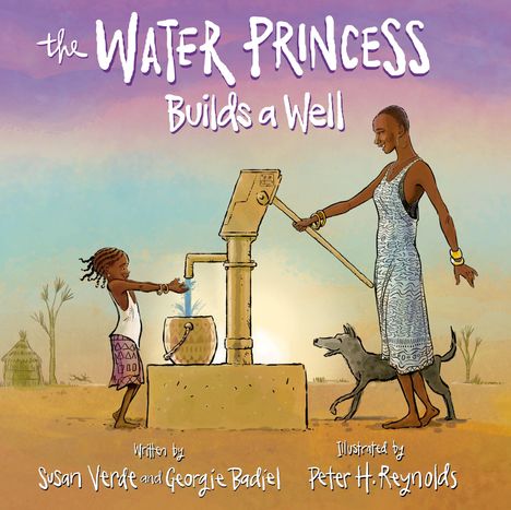 „The Water Princess Builds a Well.“ Kind und Frau pumpen Wasser, Hund daneben. Hintergrund zeigt Wüste bei Sonnenuntergang.