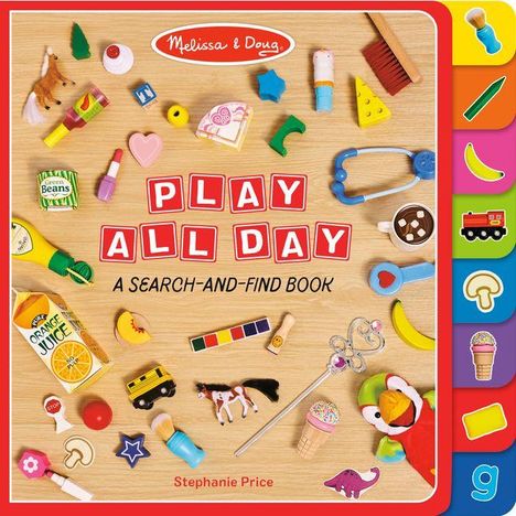 „PLAY ALL DAY“ auf roten Blöcken. Verschiedene Spielzeugmotive wie ein Stethoskop, Orange Juice, Pinsel und Papagei.