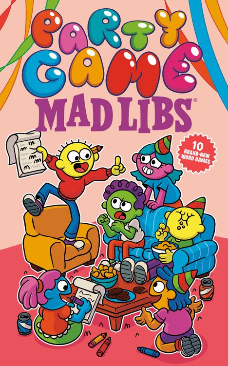 „Party Game Mad Libs.“ Bunte Cartoon-Illustration mit fröhlichen Charakteren bei einer Feier, Partyhüte, Snacks.