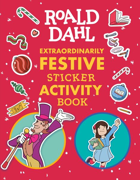 ROALD DAHL EXTRAORDINARILY FESTIVE STICKER ACTIVITY BOOK. Illustration: Figuren und weihnachtliche Symbole auf rotem Hintergrund.