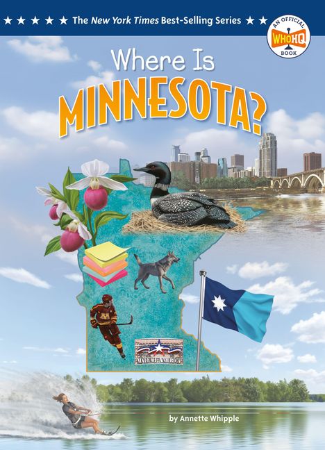 „Where Is Minnesota?“ New York Times Best-Selling Series zeigt Minnesota-Symbole, Gebäude, Blume, Loon, Flagge.