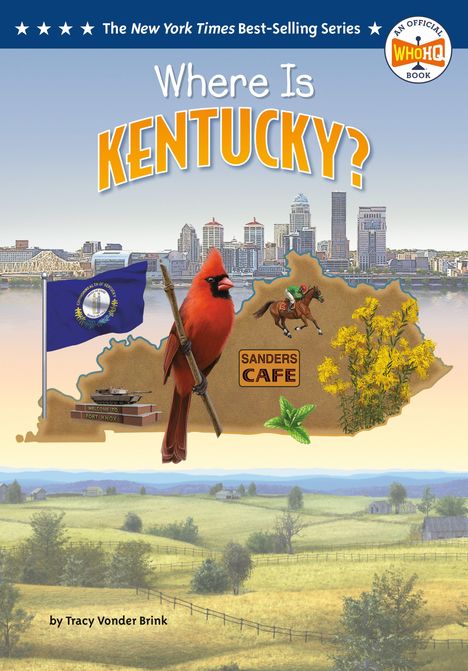 Titel: "Where Is Kentucky?" Mit einer Skyline, einem Kardinalvogel, kleiner Flagge, Reiter und "SANDERS CAFE".