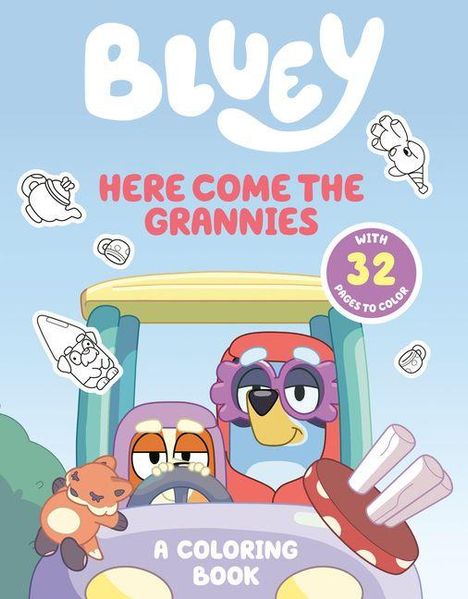 „BLUEY HERE COME THE GRANNIES A COLORING BOOK.“ Zwei comicartige Hunde in einem Auto, umgeben von kleinen Objekten zum Ausmalen.