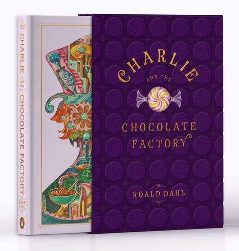 „Charlie and the Chocolate Factory“, ein Buchumschlag in lila mit Süßigkeiten-Illustration, Name: Roald Dahl.