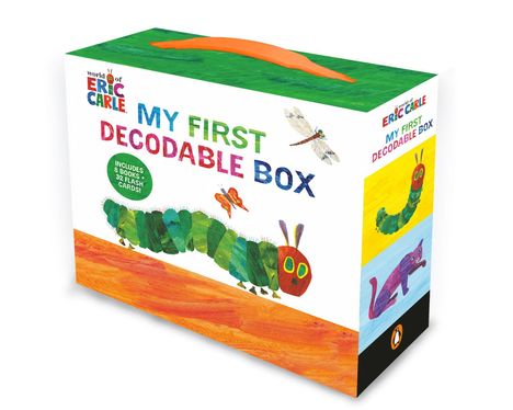 "My First Decodable Box", enthält 8 Bücher und 32 Lernkarten. Bunte Raupe, Schmetterling, Libelle und Katze.