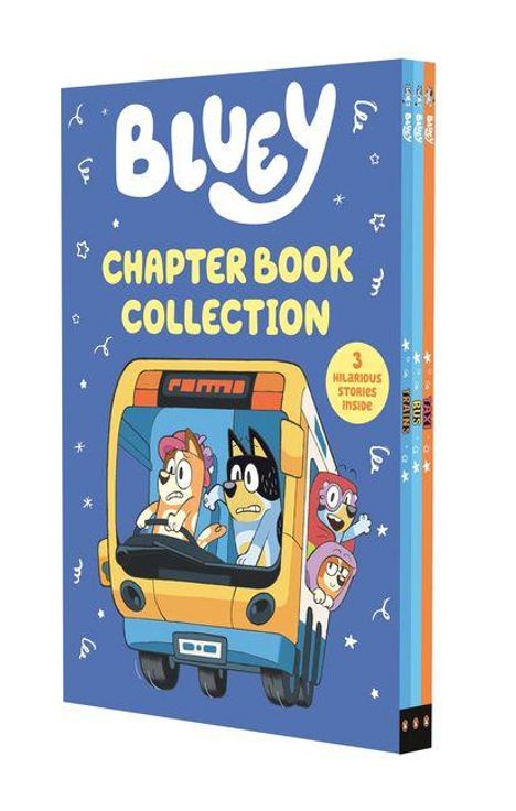 Text: "BLUEY CHAPTER BOOK COLLECTION, 3 HILARIOUS STORIES INSIDE." Illustration von Cartoon-Tieren in einem Bus.