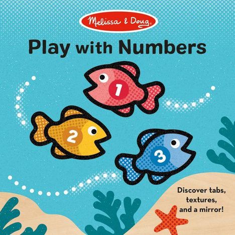"Play with Numbers" und "Discover tabs, textures, and a mirror!" Drei bunte Fische mit Zahlen schwimmen im Wasser.