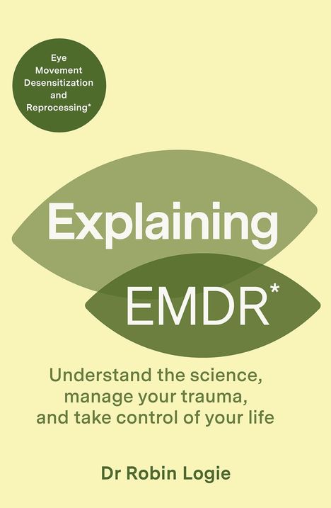 Zwei grüne Blätter, Text: "Explaining EMDR". Weitere Texte oben und unten, unten Dr. Robin Logie. Heller Hintergrund.