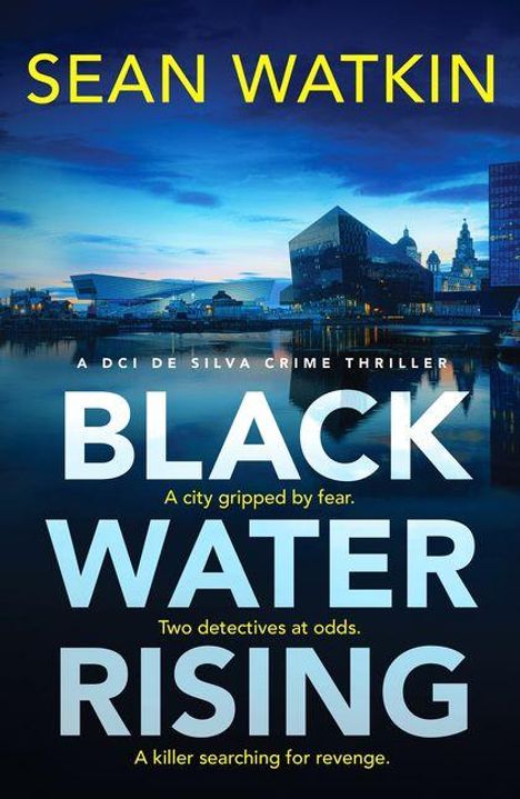 „Sean Watkin, Black Water Rising.“ Skyline mit modernen Gebäuden am Abend.