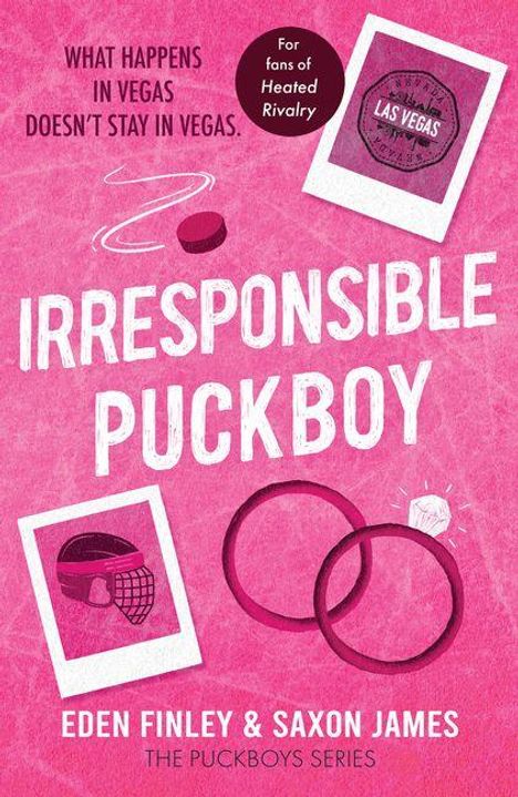 „What happens in Vegas doesn’t stay in Vegas.“ „Irresponsible Puckboy“. Rosa Hintergrund, 2 Polaroid-Bilder, 2 Ringe.