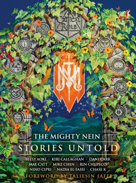 "Critical Role", "The Mighty Nein: Stories Untold". Illustration mit Steinsäulen, Ranken, Wappen und Sternenhimmel.