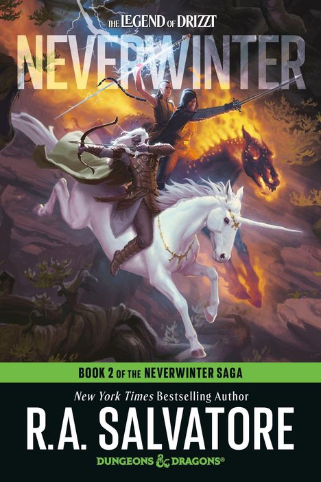 "NEVERWINTER" ist groß in der Mitte. Ein Krieger reitet ein weißes Einhorn, während ein schwarzes Pferd mit Flammen zu sehen ist.