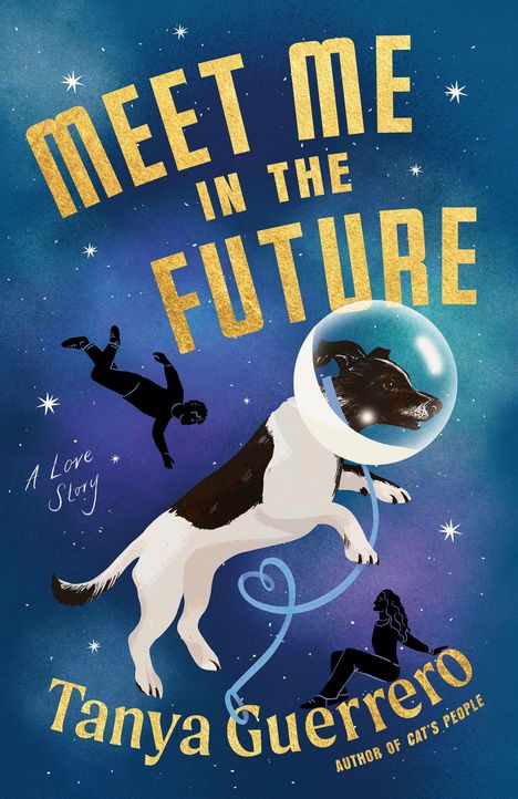 „MEET ME IN THE FUTURE“, Tanya Guerrero. Ein Hund im Raumanzug schwebt, begleitet von zwei schwebenden Personen.
