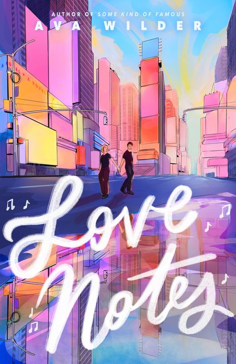"Love Notes." "Ava Wilder." Zwei Personen halten Hände in einer bunten, urbanen Umgebung mit Hochhäusern.