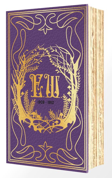 Ein Buch mit lila Einband, goldenen verschnörkelten Mustern, darauf "F.W. 1909 - 1910". Verzierungen mit Pflanzen.