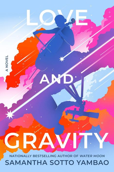 "LOVE AND GRAVITY." Illustration mit buntem Himmel, Silhouette eines Cellisten oben und eines Astronomen unten.