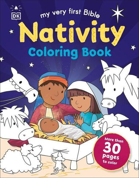 "my very first Bible Nativity Coloring Book, More than 30 pages to color." Illustration von Jesu Geburtsszene mit Tieren.