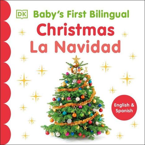 "Baby's First Bilingual Christmas La Navidad", weihnachtlich dekorierter Baum, rot-goldene Kugeln.