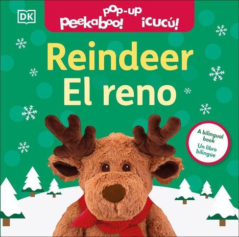 „Reindeer El reno“ steht in gelber Schrift. Ein Plüsch-Rentier trägt einen roten Schal. Schneeflocken und Tannenbäume.