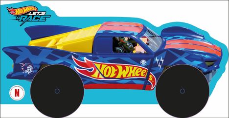 Logo „Hot Wheels - Let’s Race“. Illustration eines blauen Rennwagens mit roten Flammen und gelben Akzenten.