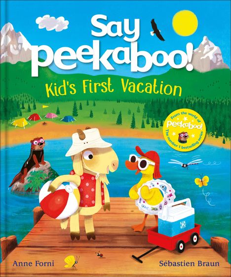 "Say peekaboo! Kid's First Vacation." Illustration: Tiere am Steg, Berge, See, Sonne, bunte Zelte im Hintergrund.
