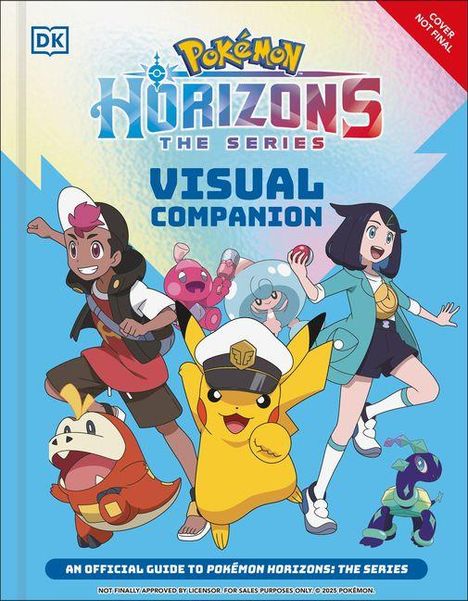 Text: "Pokémon Horizons: The Series Visual Companion". Zwei fröhliche Menschen und Pokémon auf blauem Hintergrund.