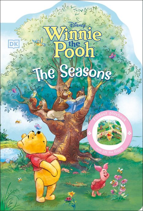"Winnie the Pooh: The Seasons" steht auf einer Illustration. Winnie Pooh schaut eine Blume an, während Ferkel daneben steht.