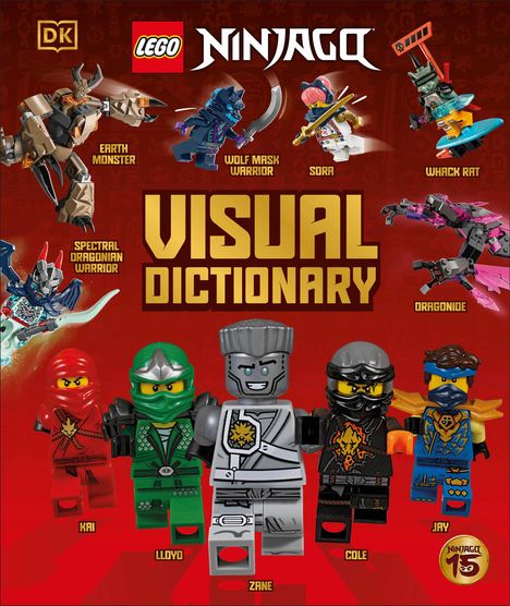 "LEGO NINJAGO Visual Dictionary" in großen, goldenen Buchstaben. Mehrere Ninjago-Figuren und Schauplätze sind abgebildet.