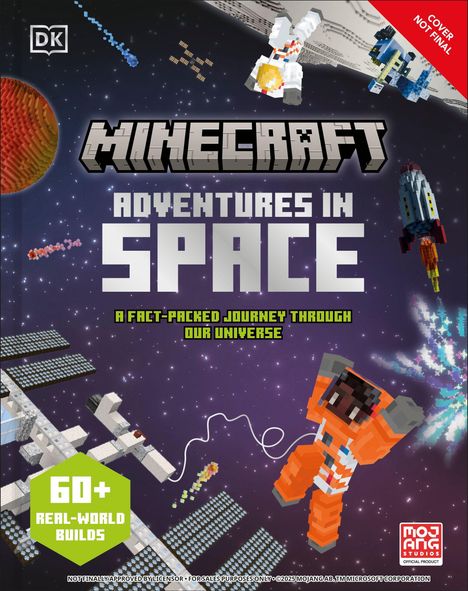 Text: "Minecraft Adventures in Space", "60+ Real-World Builds." Raumfahrt-Illustration im Minecraft-Stil mit Astronaut.