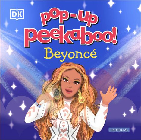 Texte: "pop-up peekaboo! Beyoncé", "UNOFFICIAL". Illustration einer Frau mit Mikrofon, die singt.