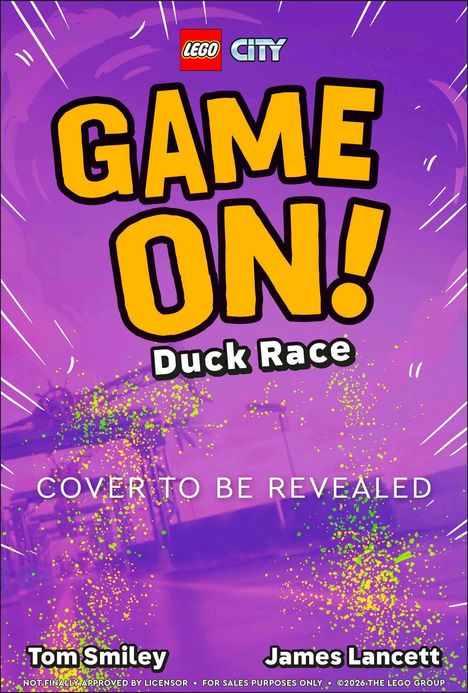 "GAME ON! Duck Race", "COVER TO BE REVEALED". Oben ein LEGO CITY Logo, bunte Grafik mit grünen und gelben Akzenten.