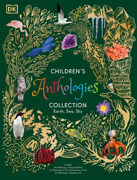 "CHILDREN'S Anthologies COLLECTION Earth, Sea, Sky" steht in bunten Buchstaben. Das Design ist reich an Tieren und Naturmotiven.