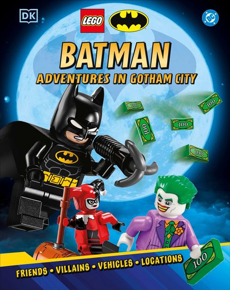 BATMAN ADVENTURES IN GOTHAM CITY. LEGO Batman Figur mit Joker und Harley Quinn als LEGO-Figuren vor einem großen Vollmond.