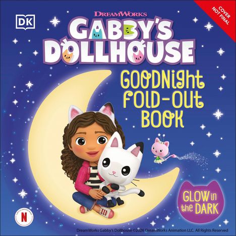 Text: "GABBY'S DOLLHOUSE", "GOODNIGHT FOLD-OUT BOOK", "GLOW IN THE DARK". Illustration: Mädchen und Katze auf Mond.